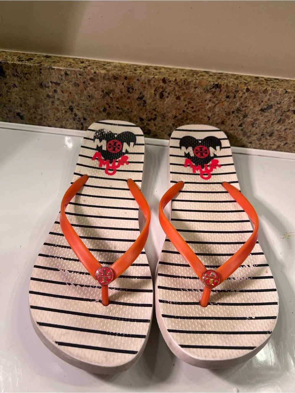 Tory Burch Orange-Strap Striped 'Mon Amour' Flip Flops Women’s Size 10